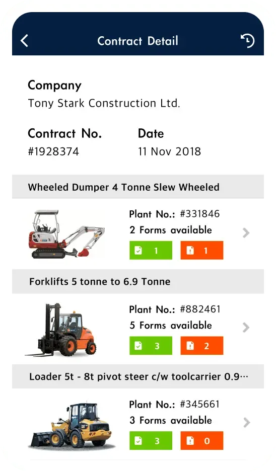 Hirepool mobile contract detail screen listing hired plant with inspection forms available
