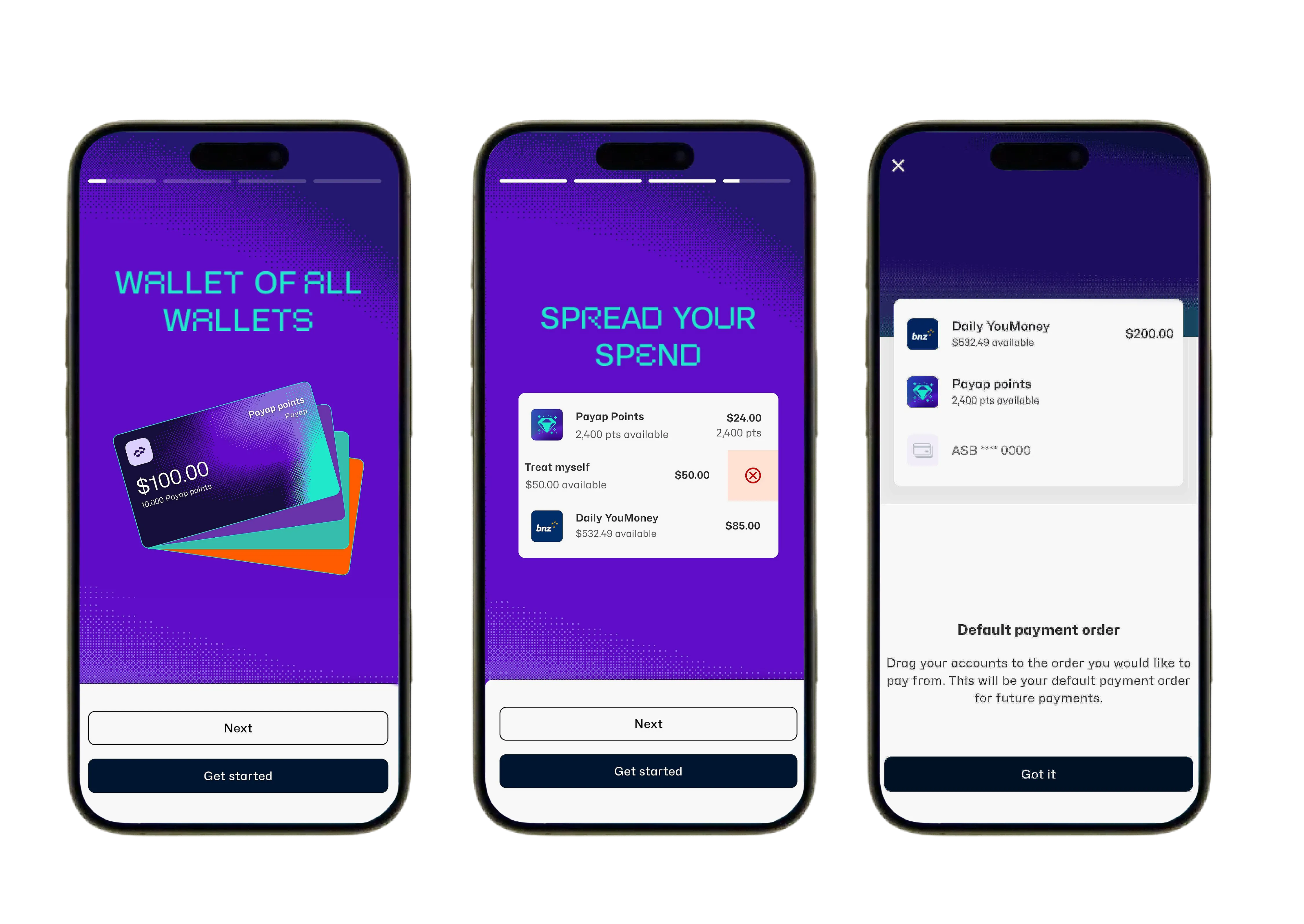 PAYAP onboarding on three phones: wallet cards, splitting a payment across points and bank accounts, and setting default payment order