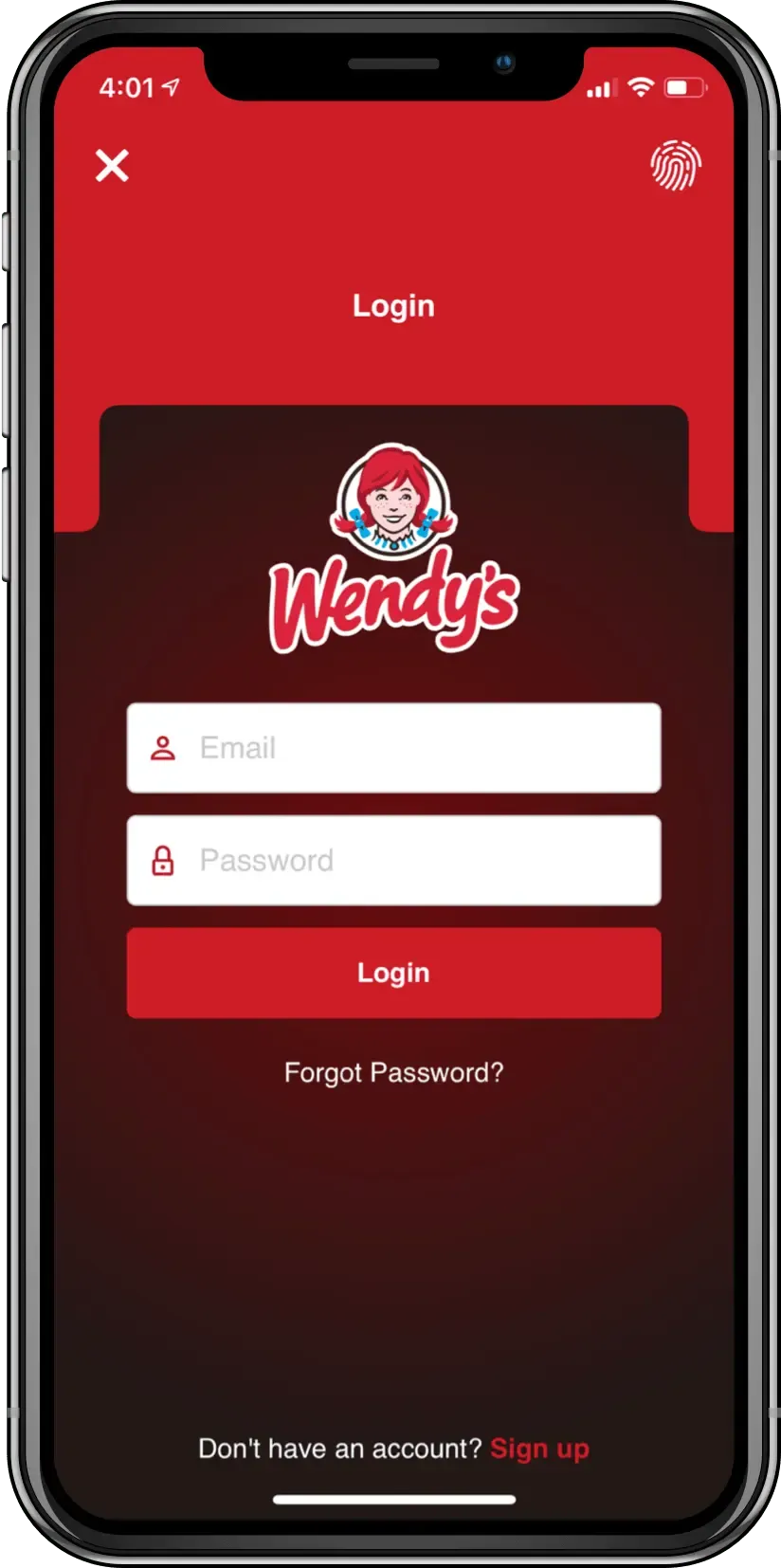 Wendy's app login screen with email, password and fingerprint sign-in on iPhone