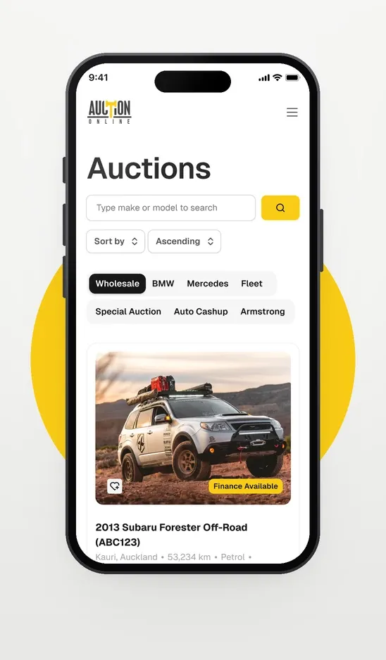 Auction Online mobile auctions screen with search, category filters and a vehicle listing marked finance available