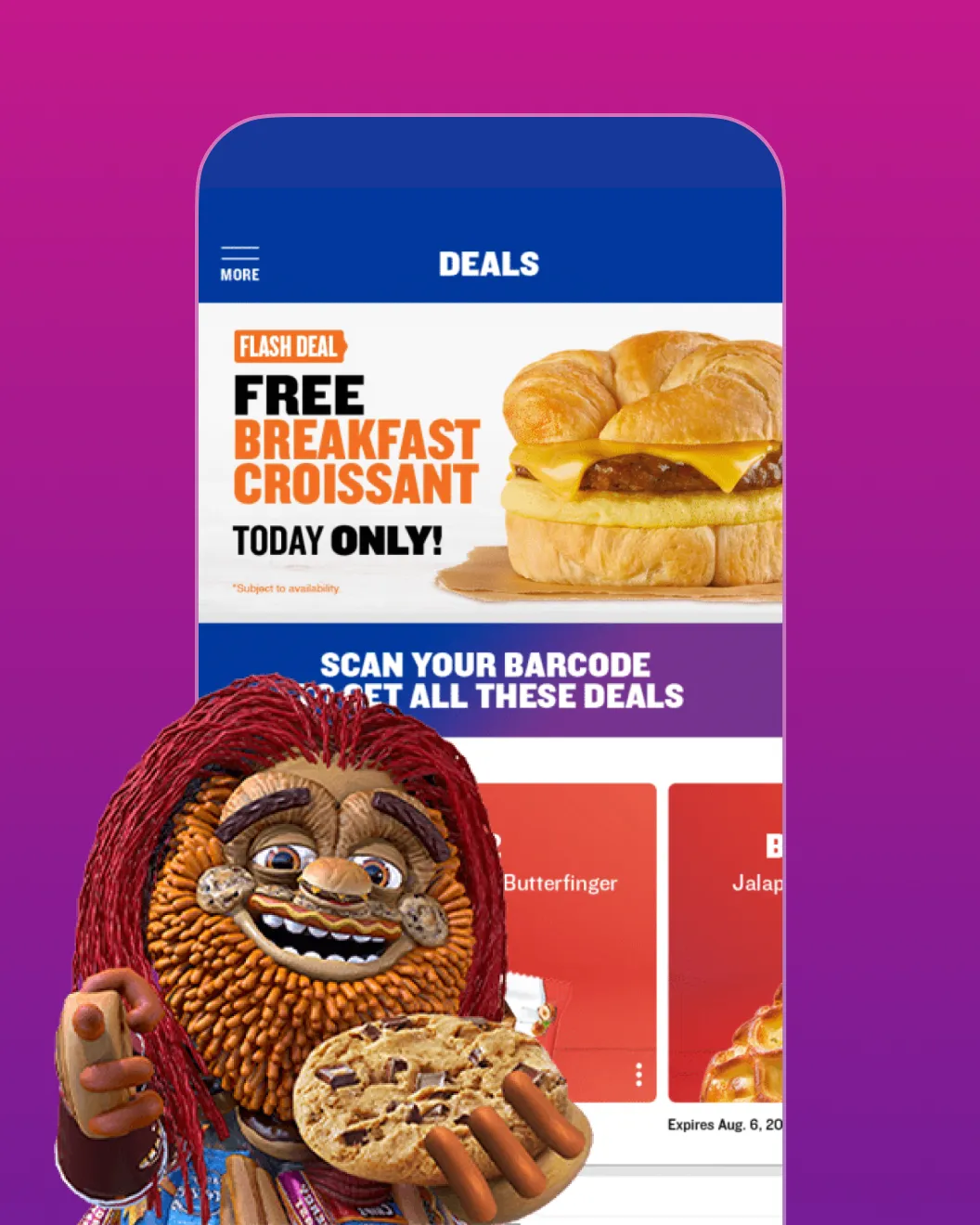 ampm Deals screen showing a free breakfast croissant flash deal and scan-your-barcode app offers