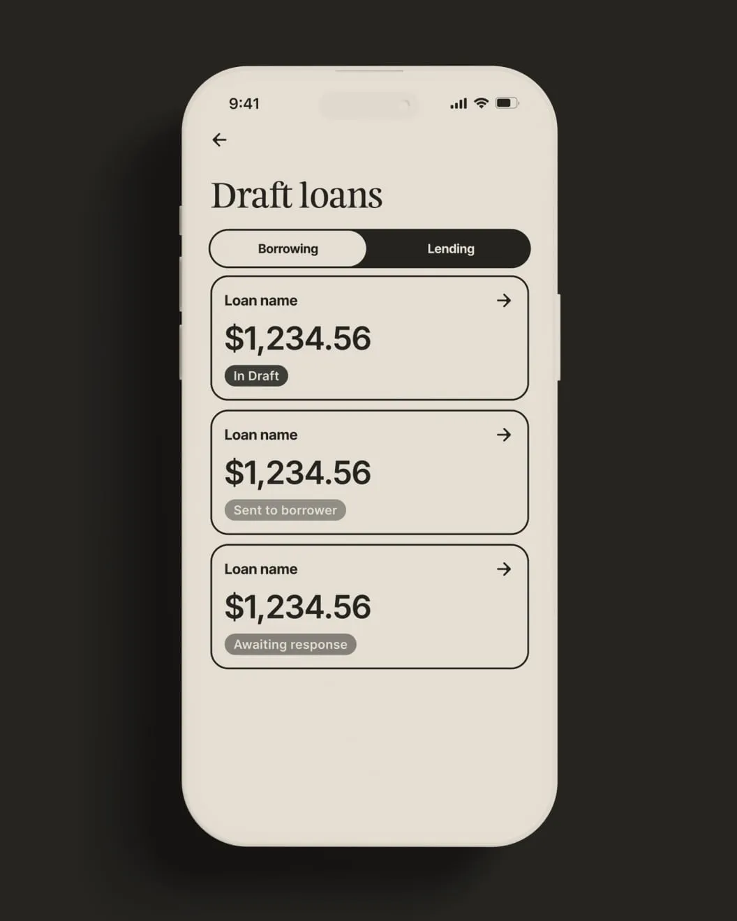 Amico app Draft loans screen listing lending loans with amounts and In Draft, Sent to borrower, and Awaiting response statuses