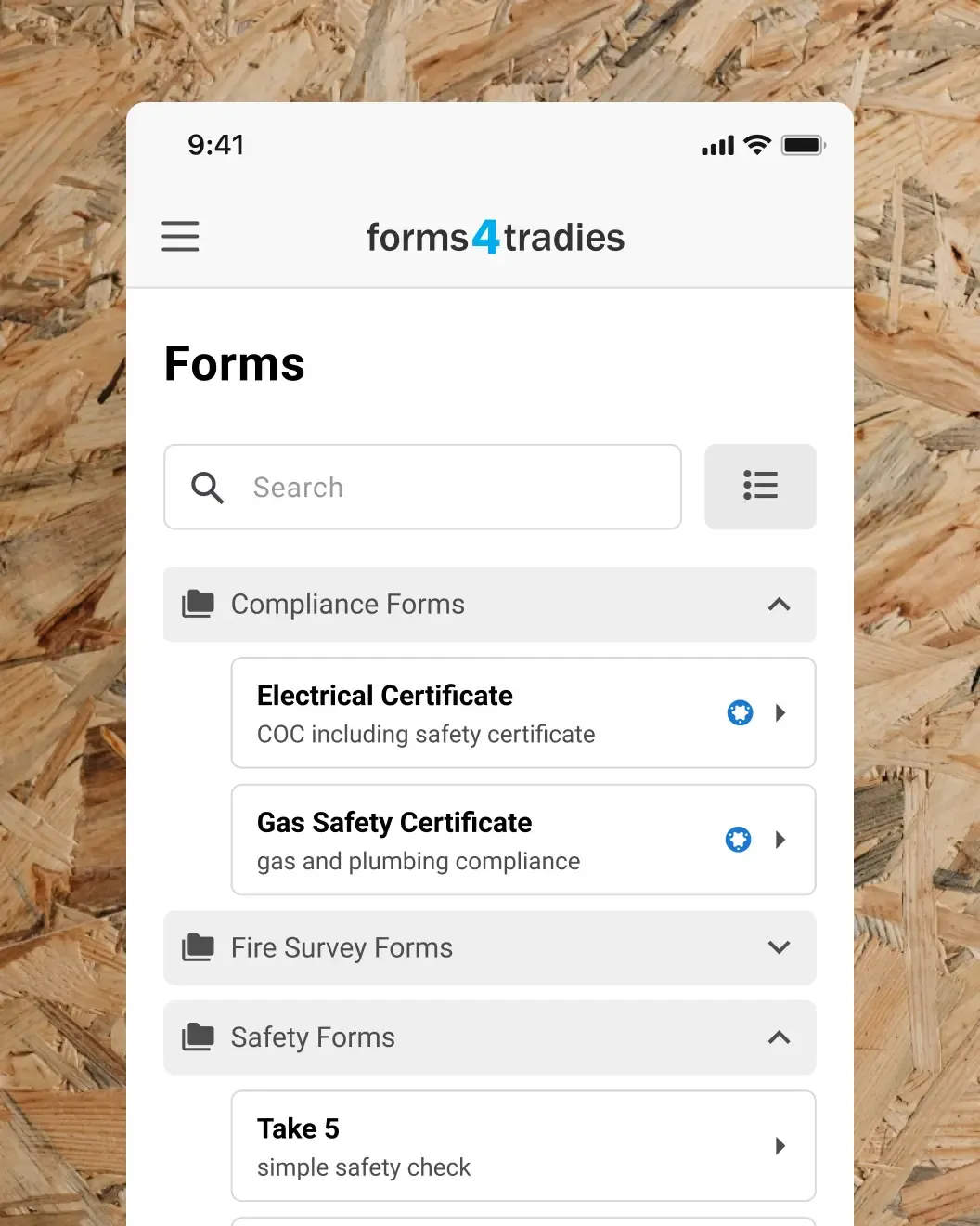 Forms 4 Tradies mobile app listing compliance and safety forms in expandable folders