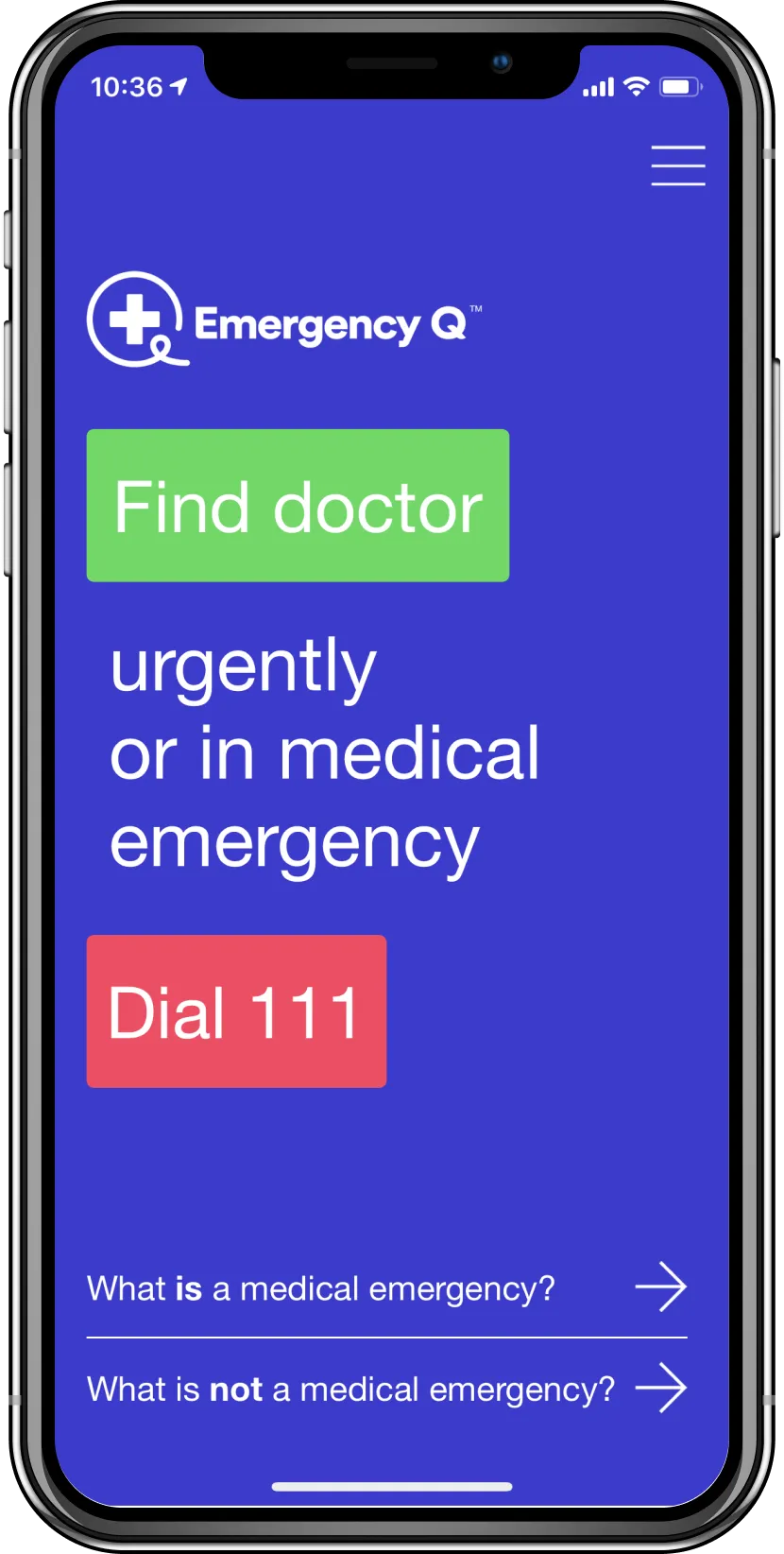 Emergency Q app home screen with Find doctor button and red Dial 111 emergency option