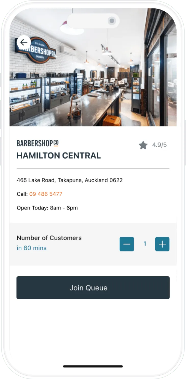 BarberShopCo app location screen with hours, 4.9 rating and Join Queue button