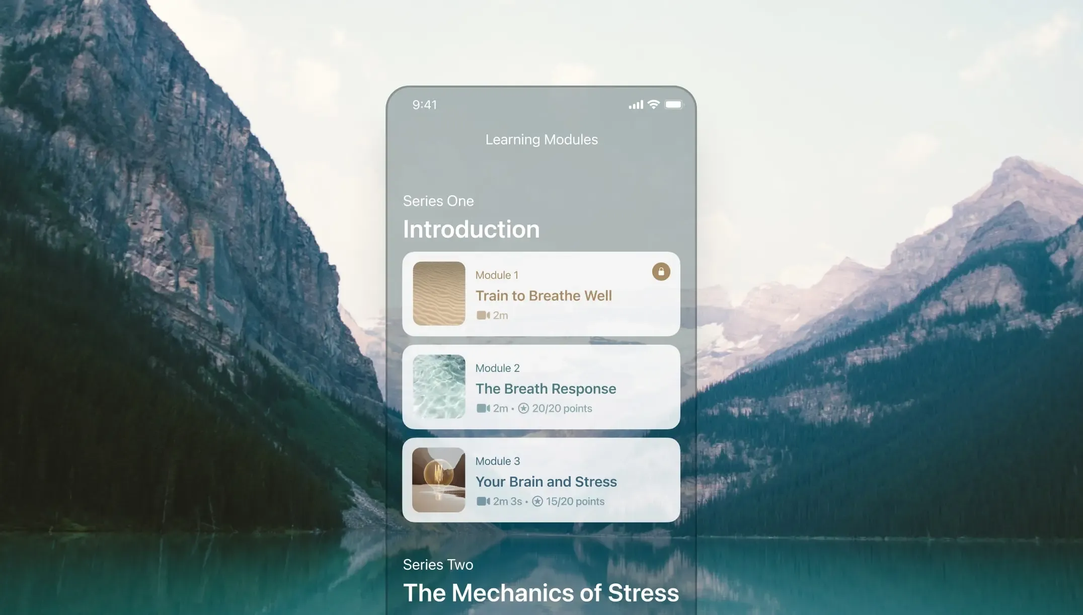 Take a Breath learning modules screen listing Series One Introduction lessons over a mountain lake