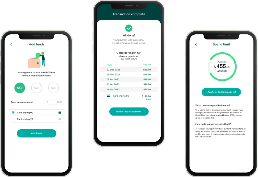 HealthNow app screens showing add funds to a Health Wallet, a completed payment receipt, and a spend limit dial