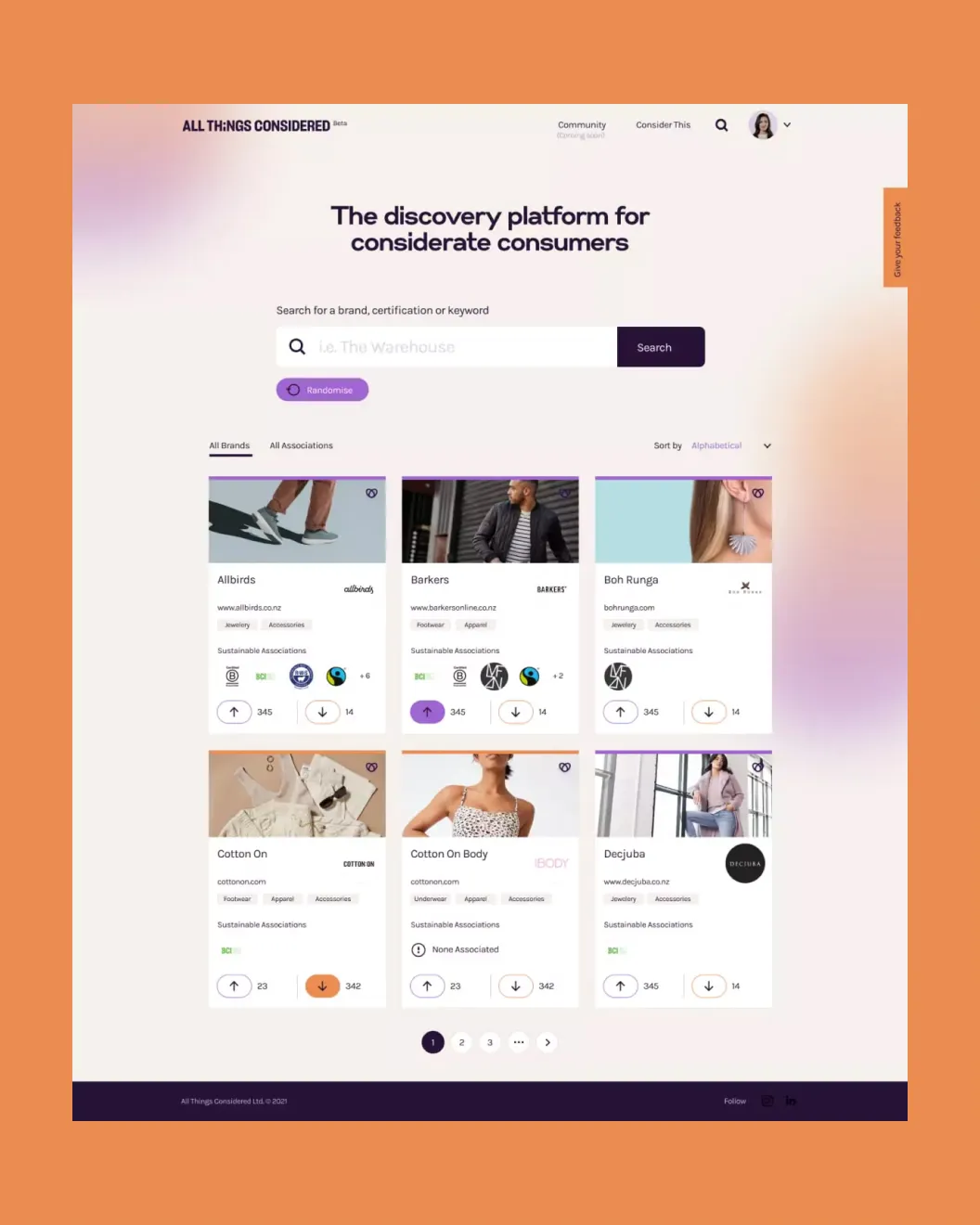 All Things Considered homepage with brand search and a grid of fashion brands showing sustainability badges and votes