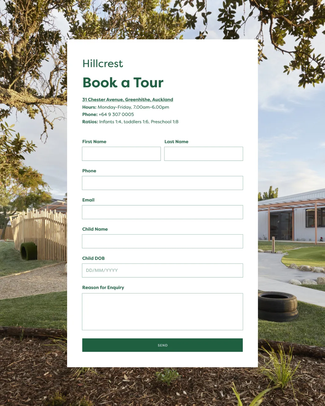 New Shoots Hillcrest Book a Tour enquiry form over a childcare playground photo