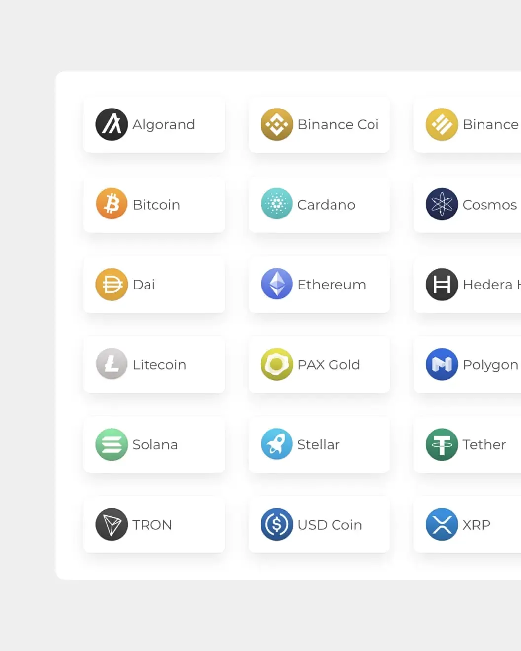 Easy Crypto grid of supported coins with logos for Bitcoin, Ethereum, Solana, XRP and more