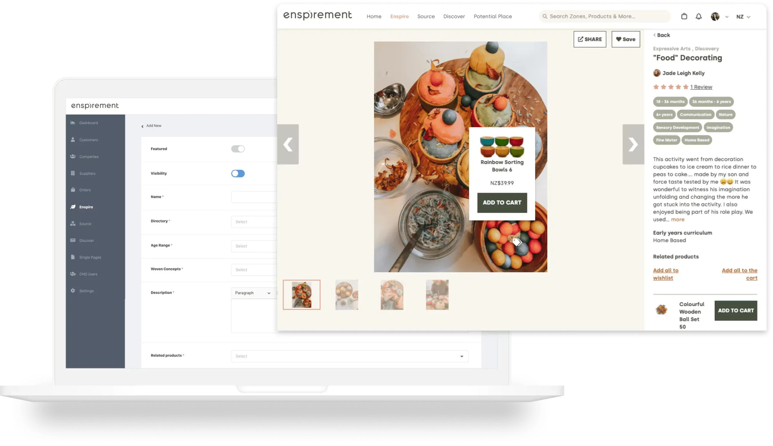 Enspirement web platform showing the admin CMS product form and a product detail page with add-to-cart
