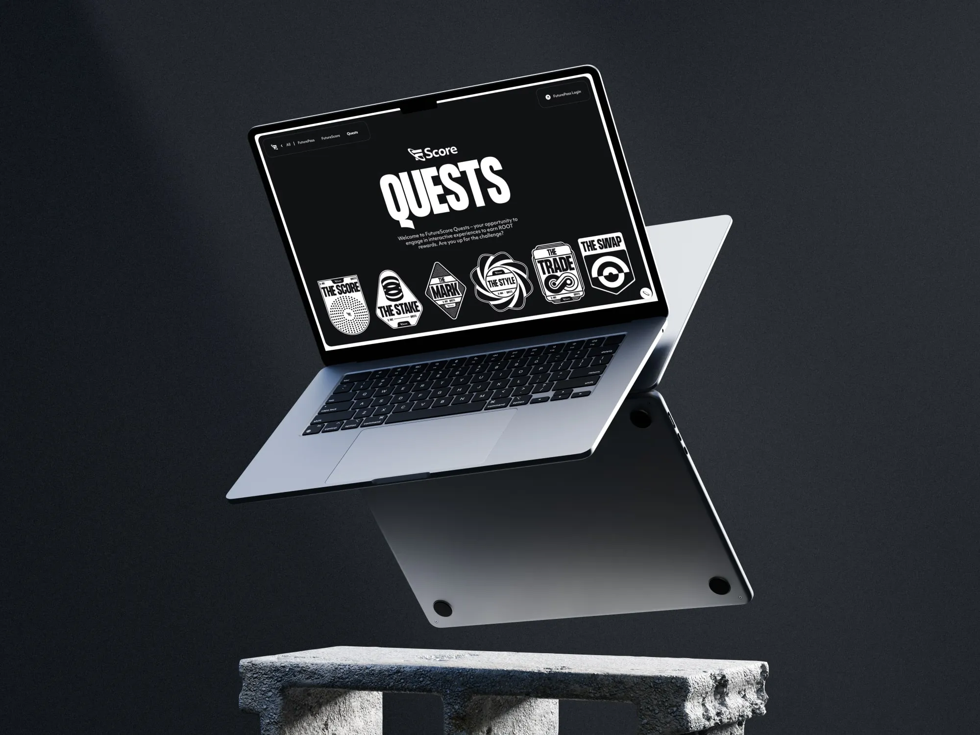 Futureverse FutureScore Quests page on a MacBook, showing quest badges like The Score, The Stake and The Swap