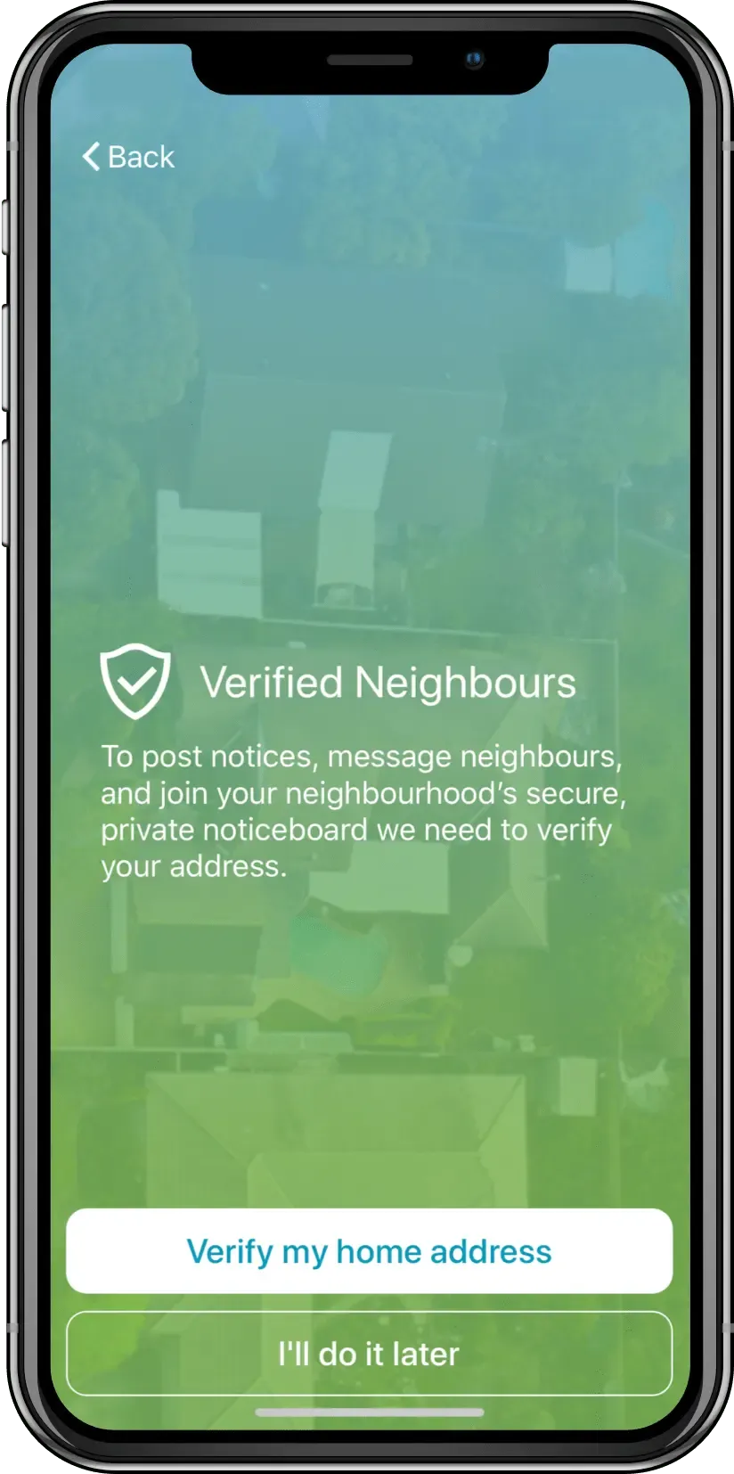 Neighbourly app Verified Neighbours screen prompting users to verify their home address before posting