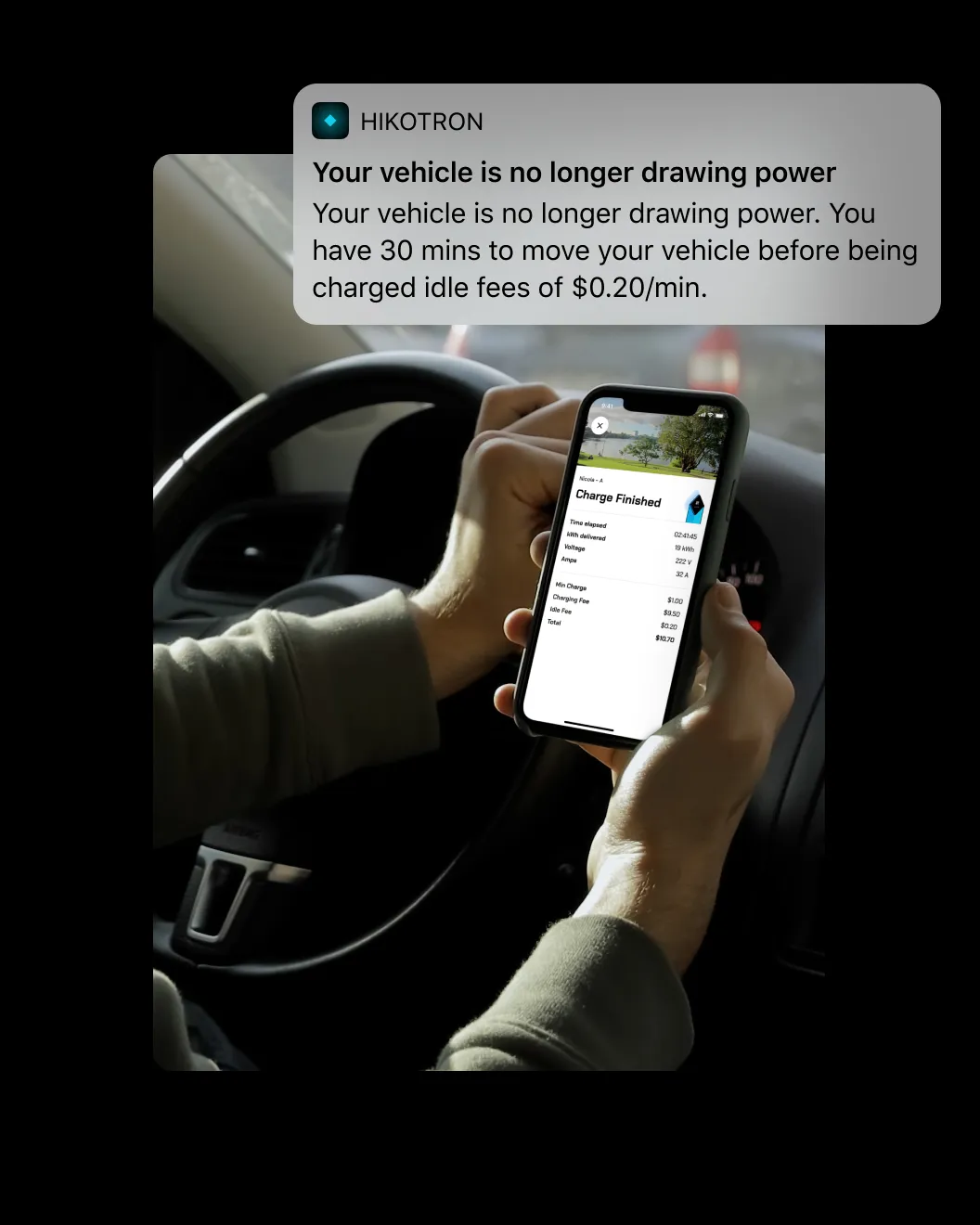 Hikotron app push notification warning a driver of idle fees after charging finished