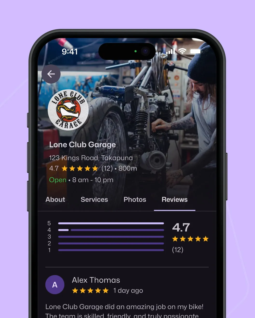 Motorfy provider profile for Lone Club Garage showing rating, hours and reviews tab