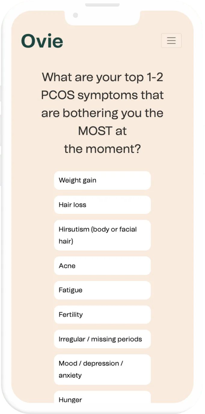 Ovie app onboarding questionnaire asking users to pick their top PCOS symptoms like weight gain, hair loss and acne