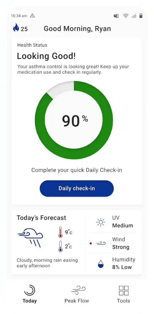 RespiTrak app home screen showing 90 percent asthma control ring, daily check-in and weather forecast