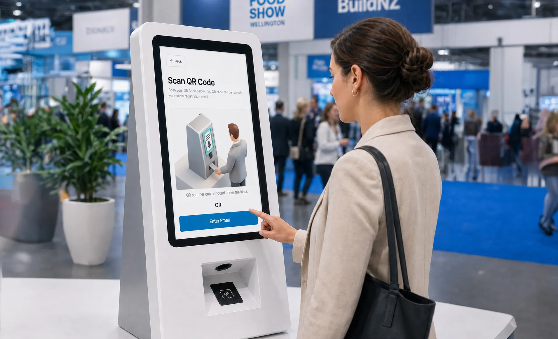 Visitor using the XPO self-service check-in kiosk to scan a QR code or enter an email at a trade show