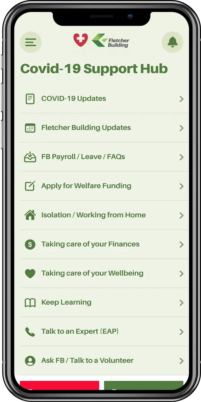 Fletcher Building COVID-19 Support Hub home screen with health check-ins