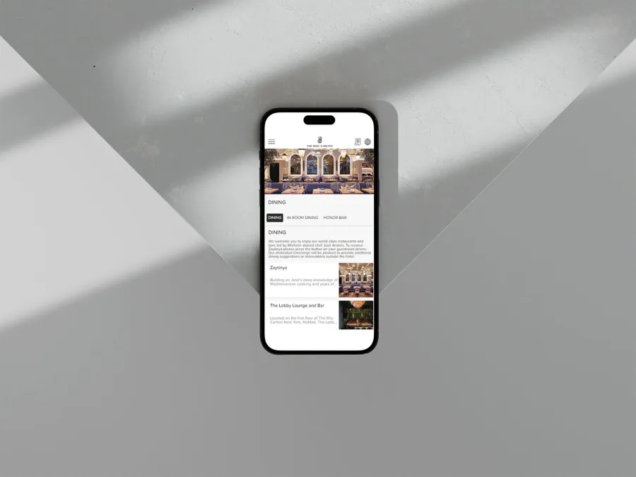 The Ritz-Carlton mobile app screens showing reservations, room service and hotel details