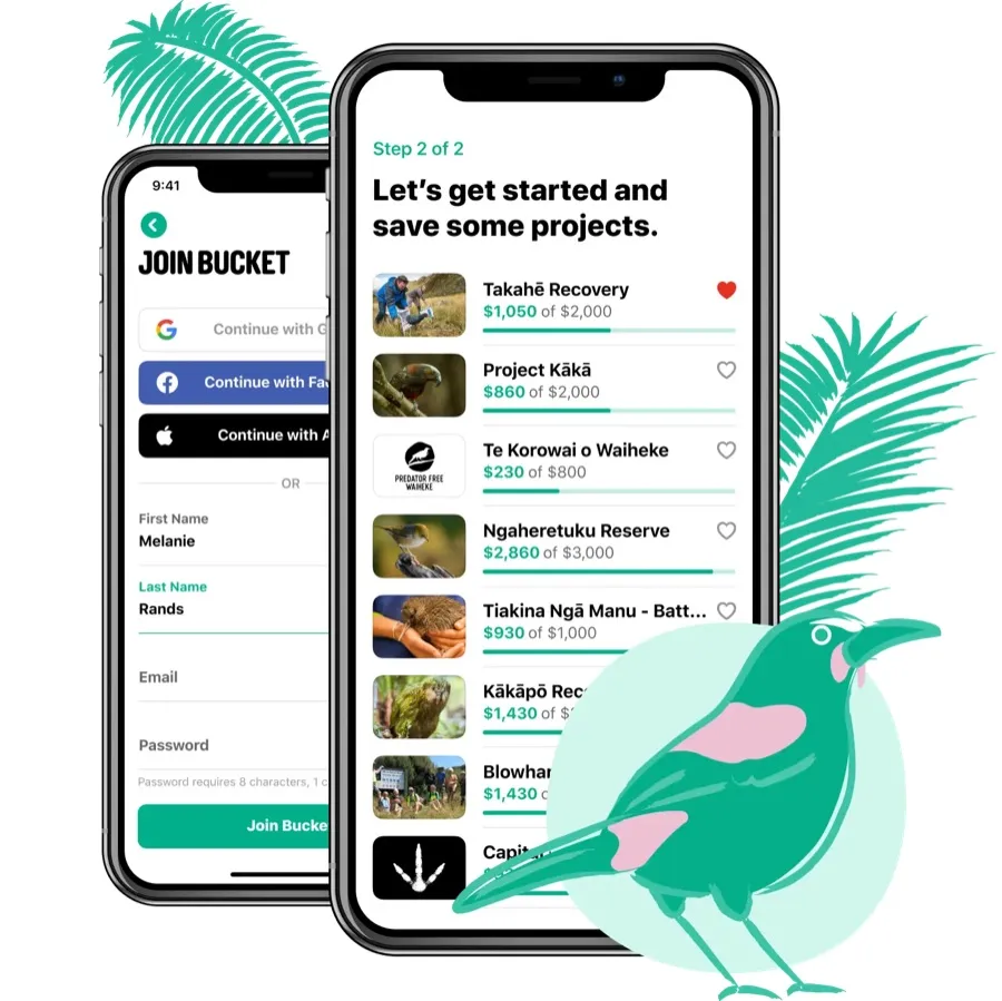 Bucket app concept home screen listing New Zealand conservation projects to support
