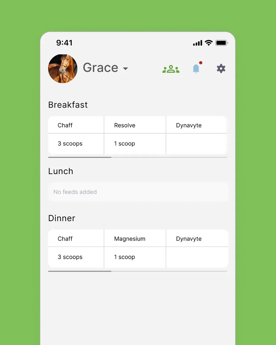 Equitask daily feeds screen listing feed products and quantities for a horse