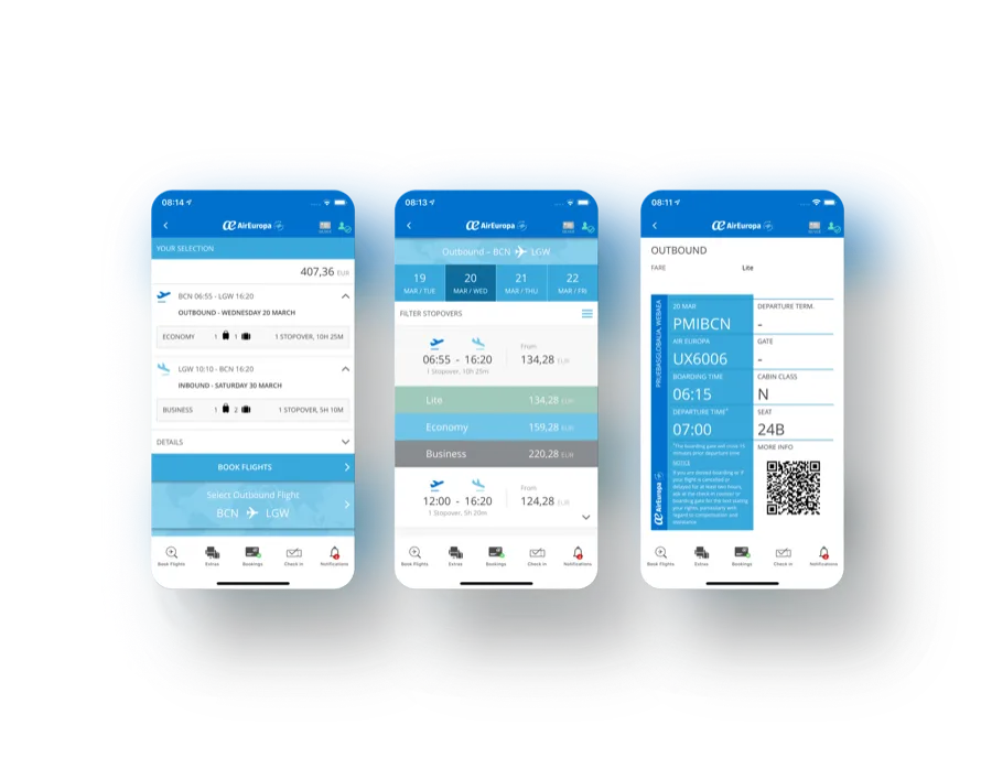 Air Europa mobile app screen showing flight information, seat selection and booking