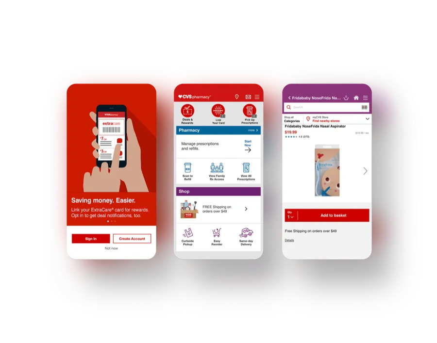 CVS Pharmacy app screens showing prescription refills, digital loyalty card and medication tools