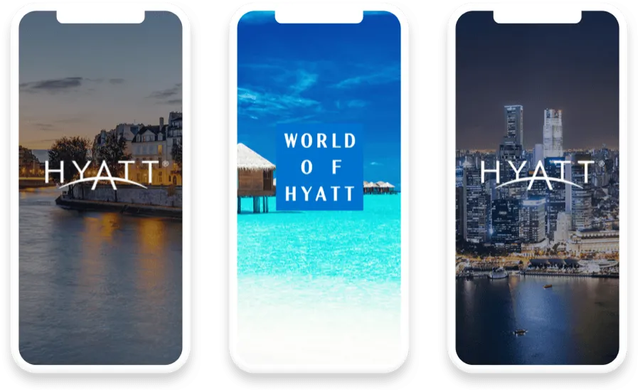 Hyatt Hotels mobile app screens showing hotel search, room previews and booking
