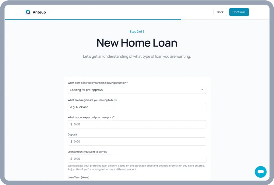 Anteup screen for selecting a loan type at the start of an application