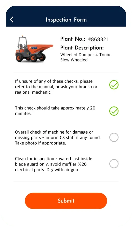 Hirepool mobile equipment inspection form with a safety checklist for a wheeled dumper