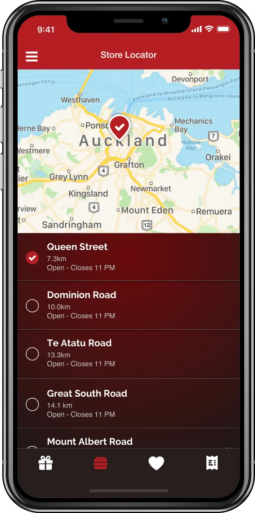 Wendy's app store locator showing an Auckland map and nearby restaurants