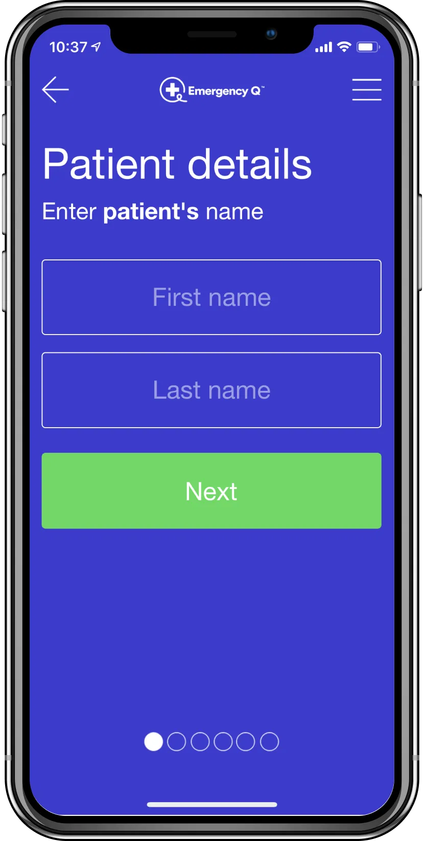 Emergency Q patient details screen for entering the patient's first and last name