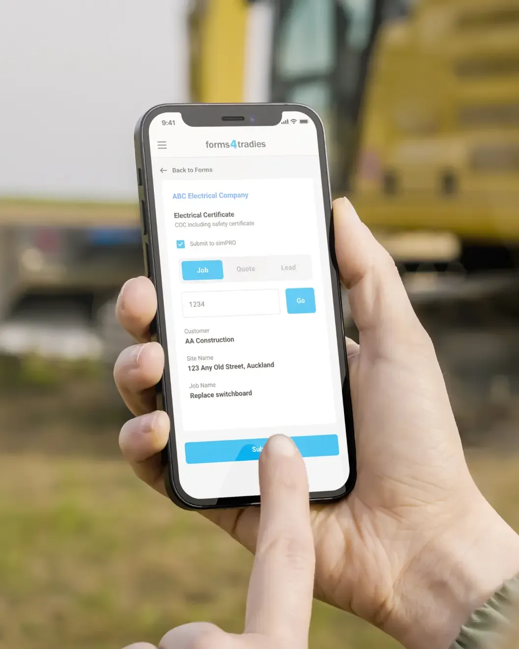 Forms 4 Tradies electrical certificate form filled out on a phone at a job site
