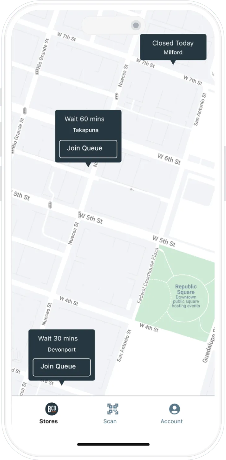 BarberShopCo app map showing store pins with live wait times