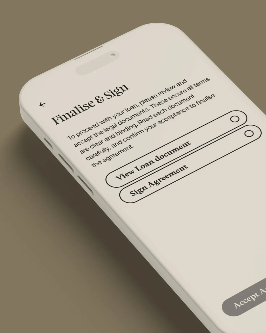 Amico app Finalise and Sign screen with steps to view the loan document and sign the agreement