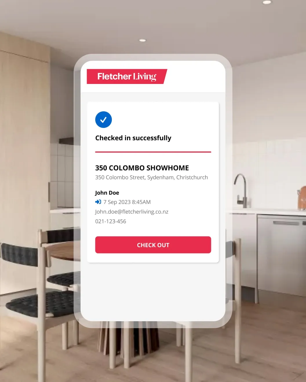 Fletcher Living check-in app confirming a successful sign-in at the 350 Colombo showhome