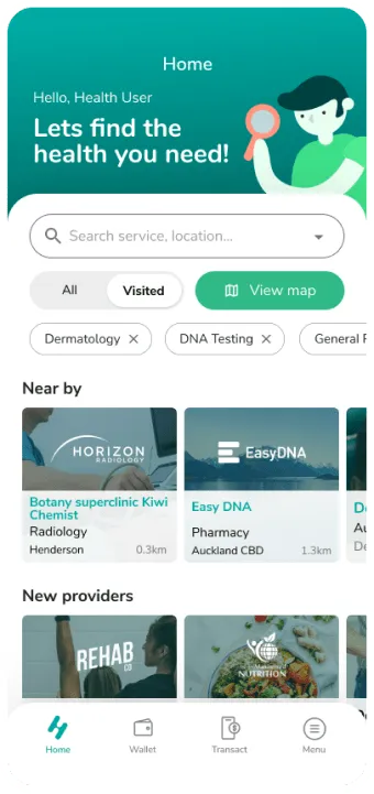 HealthNow app home screen searching for nearby health providers like radiology and pharmacy