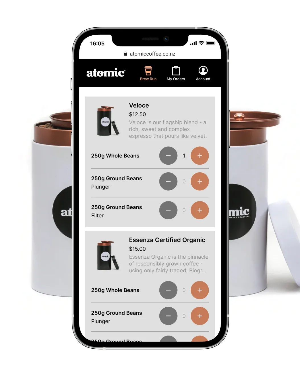 Brew Run home page listing Atomic coffee blends with add-to-order controls