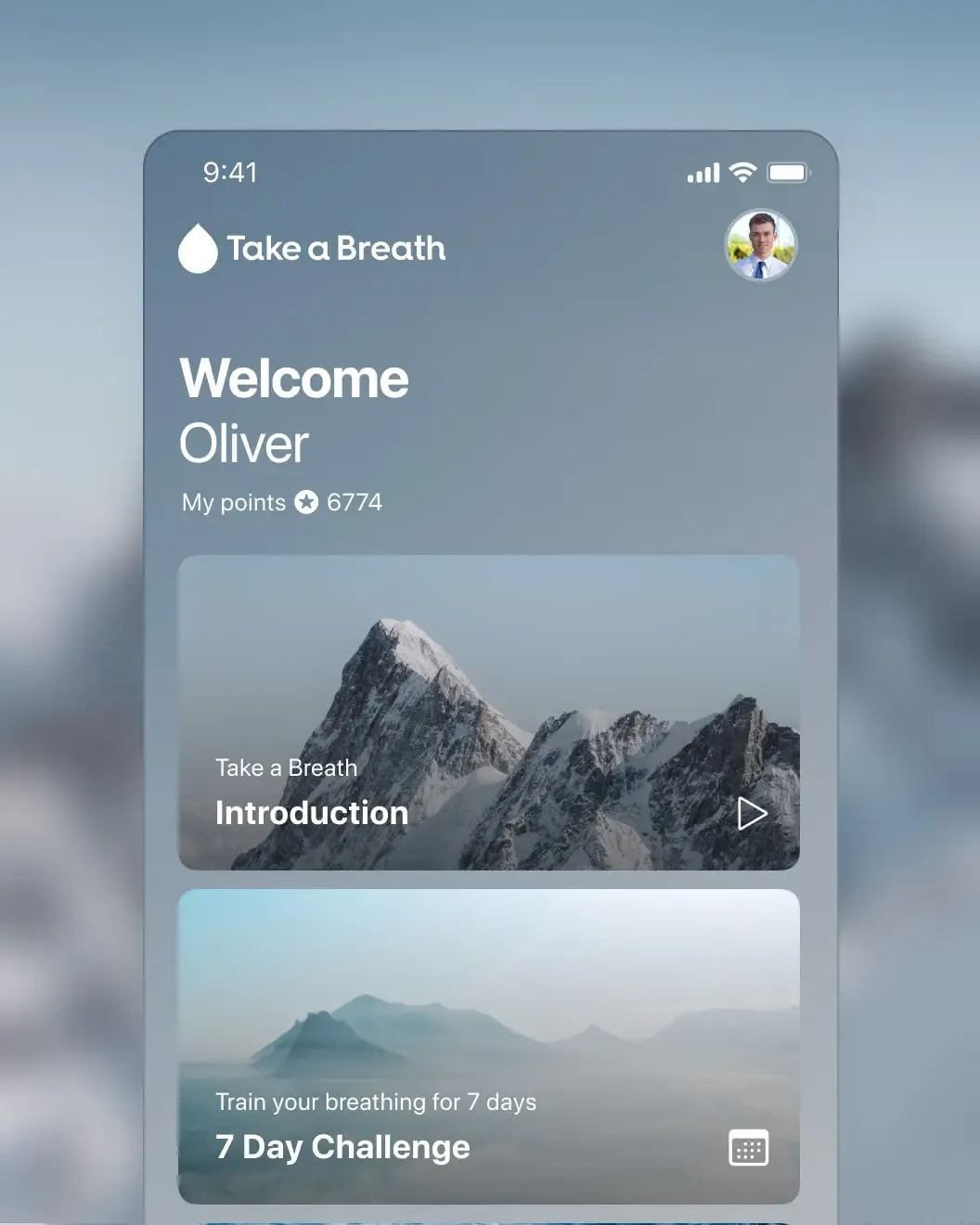 Take a Breath app home screen welcoming Oliver with points, an Introduction video and 7 Day Challenge