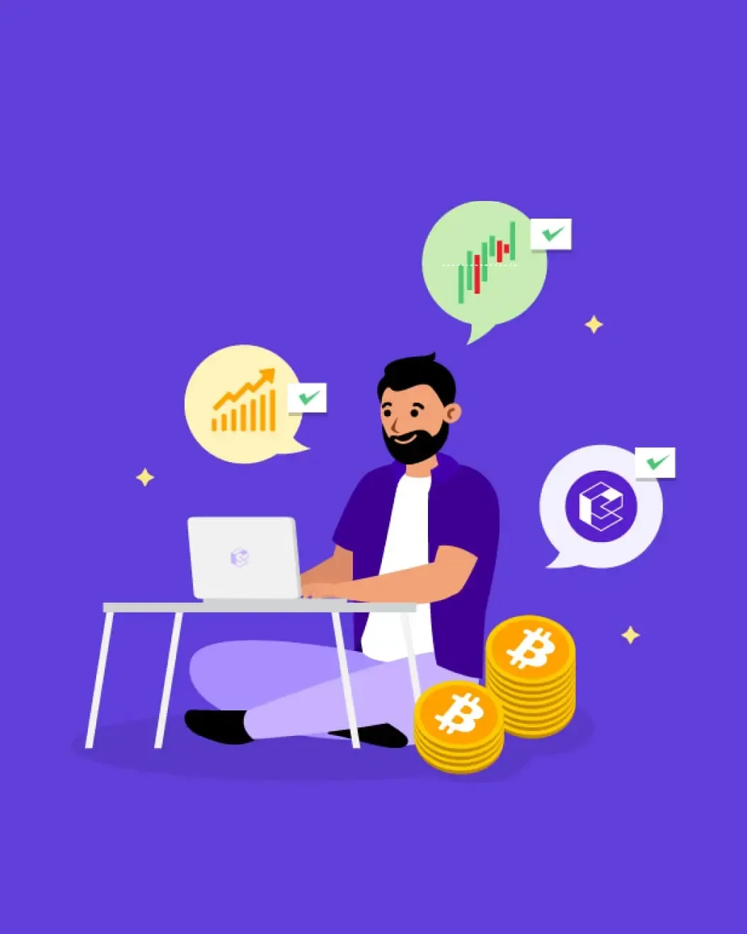Illustration of an Easy Crypto trader on a laptop with rising price charts and Bitcoin coins