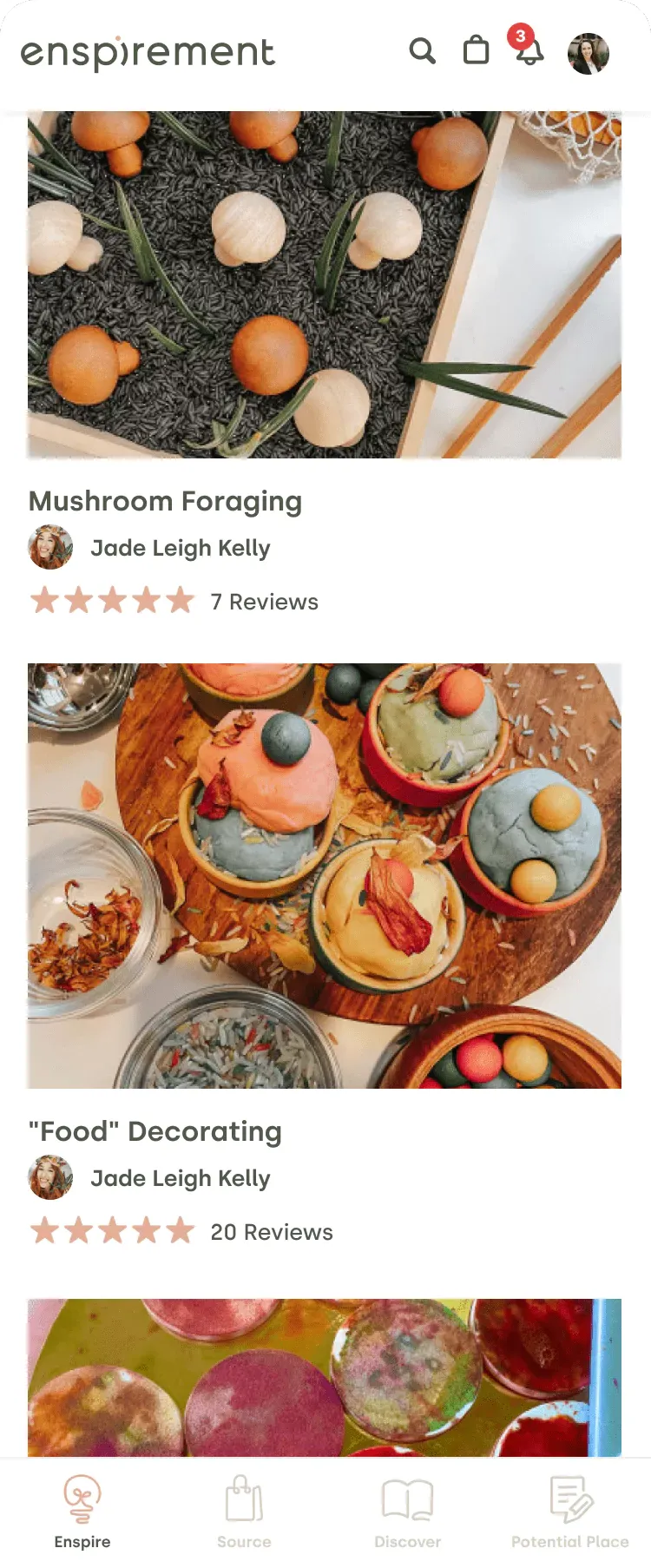 Enspirement mobile feed of nature-inspired activity ideas like Mushroom Foraging with authors and star reviews