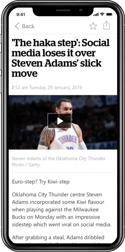 NZ Herald app article page on iPhone with an embedded video player in a Steven Adams story