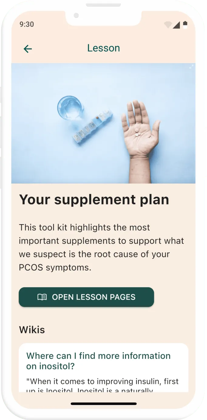 Ovie supplement plan lesson screen with an open lesson pages button and a wikis section on inositol