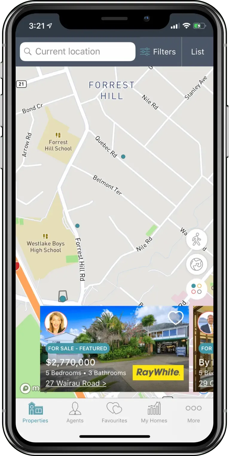 Homes.co.nz app map view of Forrest Hill with property pins and a for-sale listing card