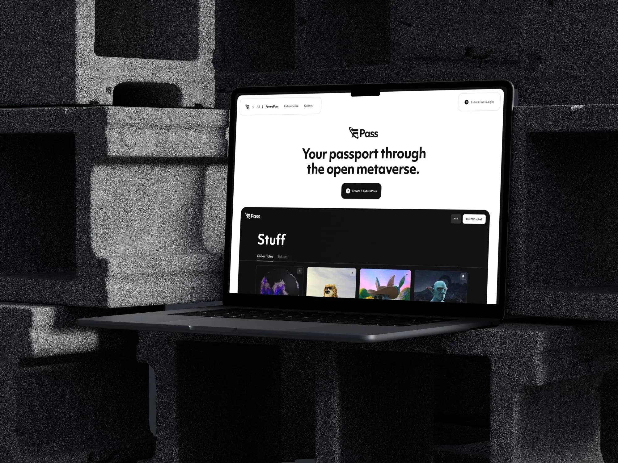 Futureverse FuturePass metaverse passport landing page on a MacBook, with a Stuff wallet of NFT collectibles below