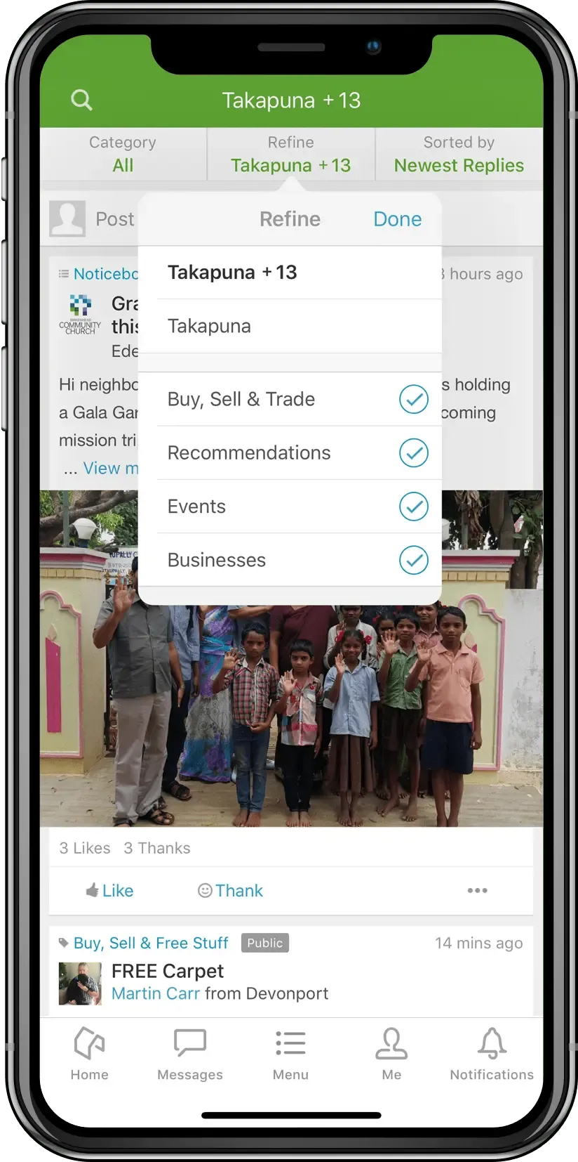 Neighbourly app noticeboard feed with a Refine filter open for Buy Sell and Trade, Recommendations, Events and Businesses