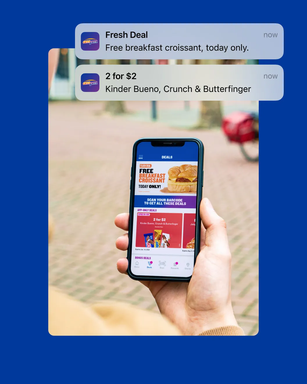 ampm push notifications for a fresh deal and 2 for $2 candy over the in-app Deals screen