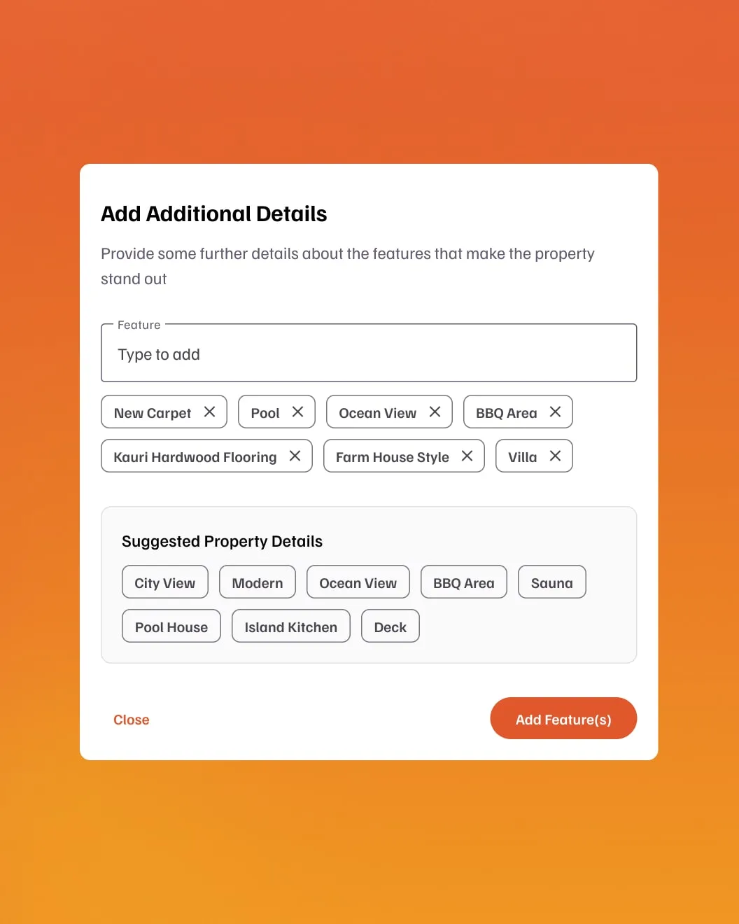 Property Writer AI add details modal with property feature tags and suggested details chips