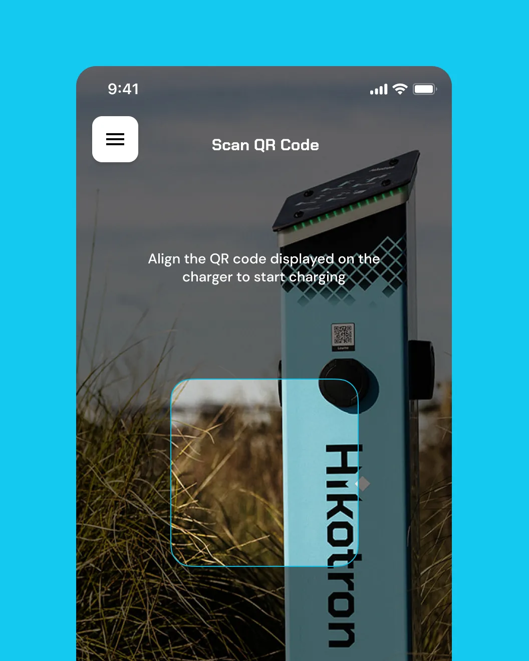 Hikotron app Scan QR Code screen aimed at a teal EV charger to start a session